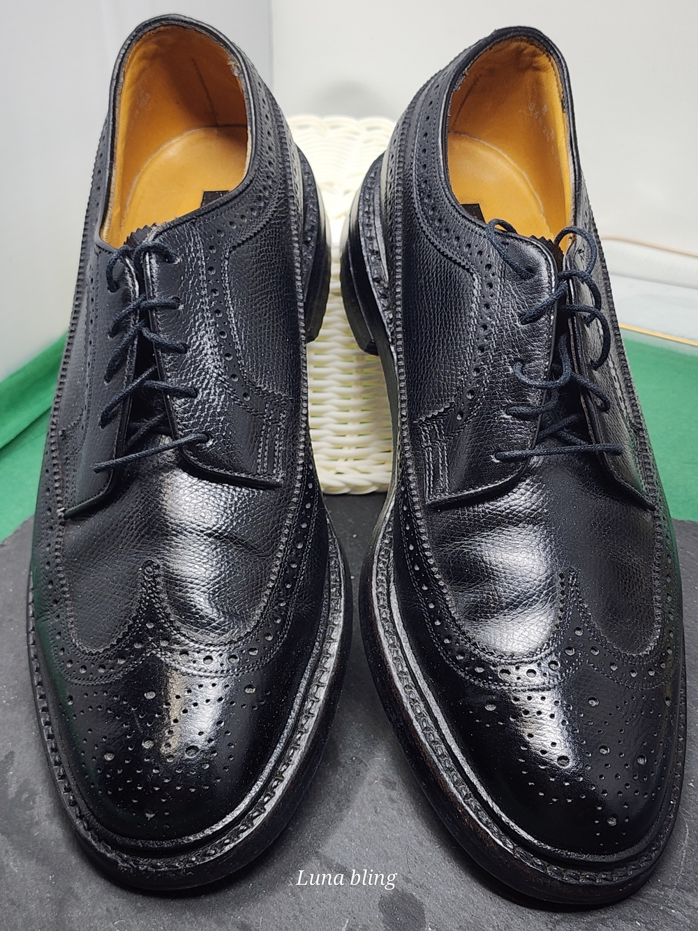 Floreshim Classic Black Wingtip Derby - Polished Brogue Leather